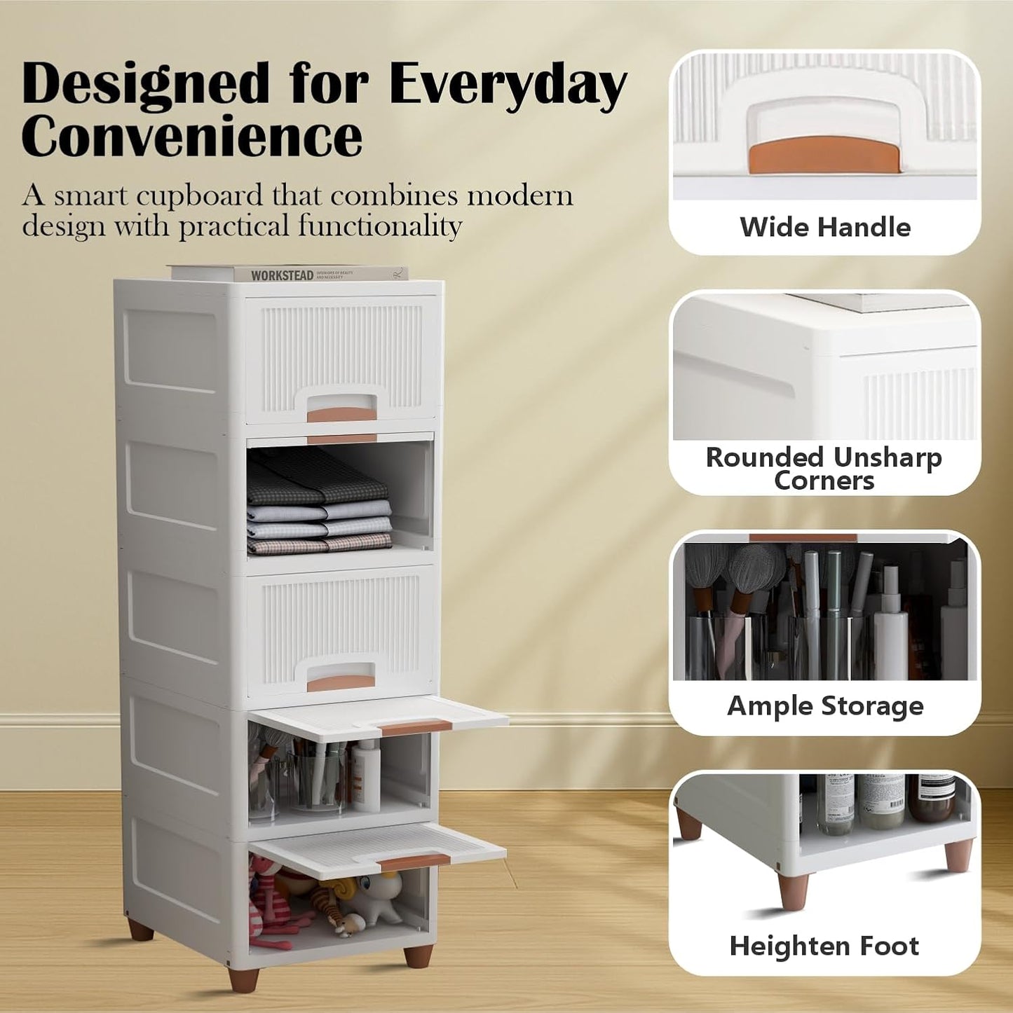 🧺 5-Tier Foldable Organizer Cabinet | Multipurpose Storage Rack for Home & Kitchen (White) 🤍