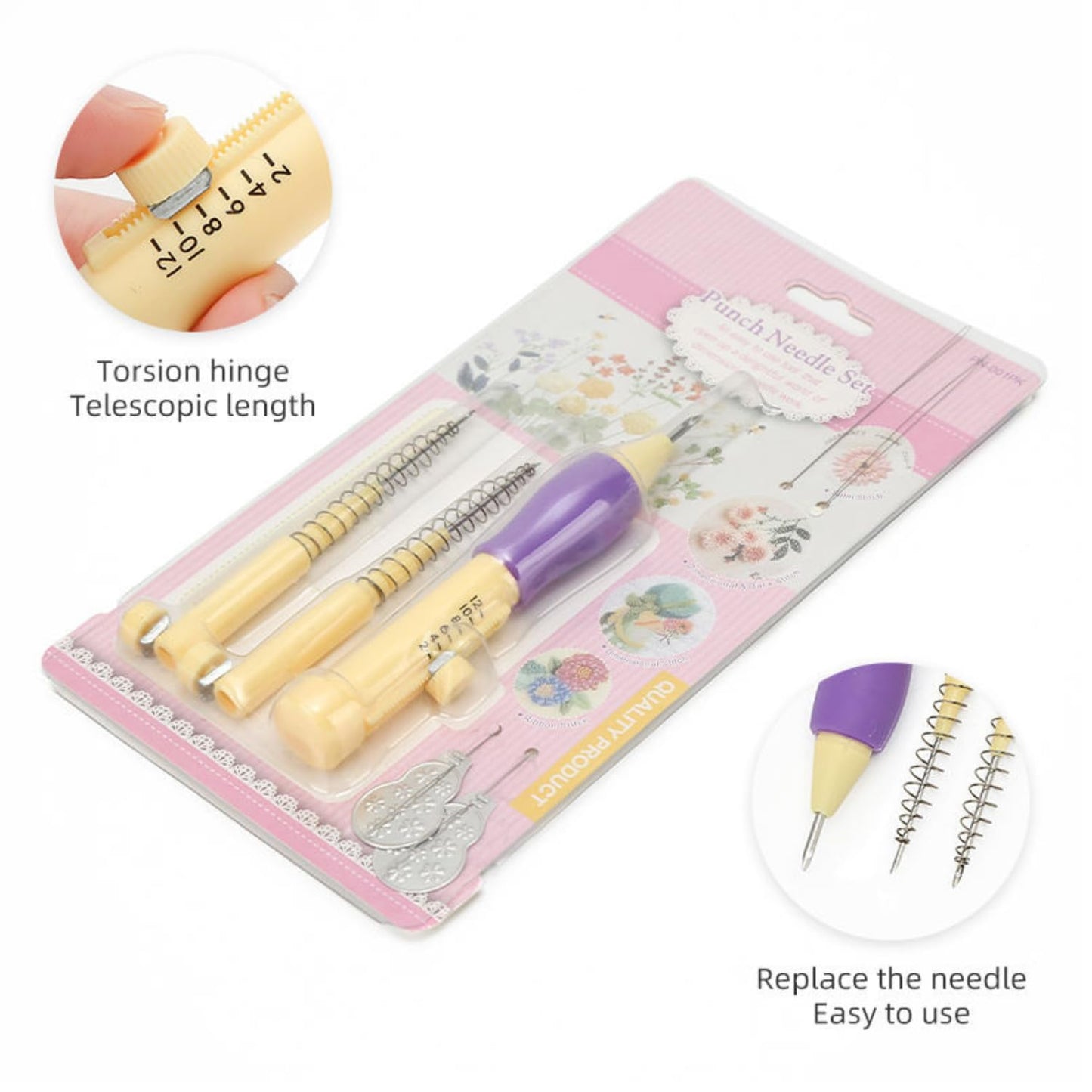 🪡 Lecraft Punch Needle Set – 3 Sizes Embroidery Pen with Threader (Purple, 1 Pc Set)