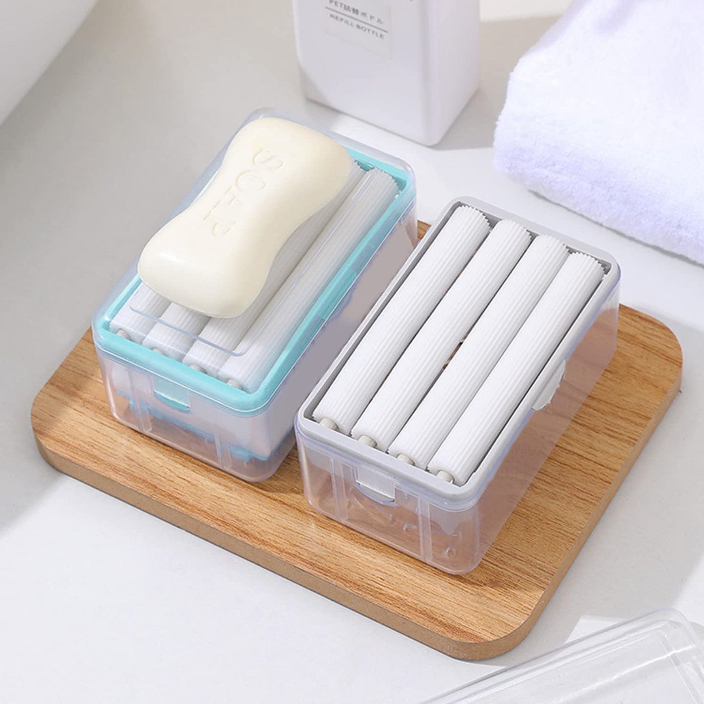 🧼 Pack of 2 – 2-in-1 Plastic Bar Soap Roller Dispenser with Lid & Drain Holes | Multicolor Soap Foaming Box